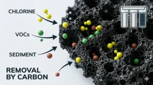 An illustration showing simplified chlorine, sediment, and volatile organic compound (VOC) molecules being trapped by a microscopic activated carbon structure.
