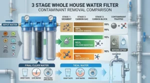 A data infographic illustrating the percentage reduction of chlorine, lead, and VOCs achieved by the 3 stage filtration system.