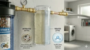 Side-by-side comparison of unfiltered tap water versus water treated by a 5 stage whole house filter system.